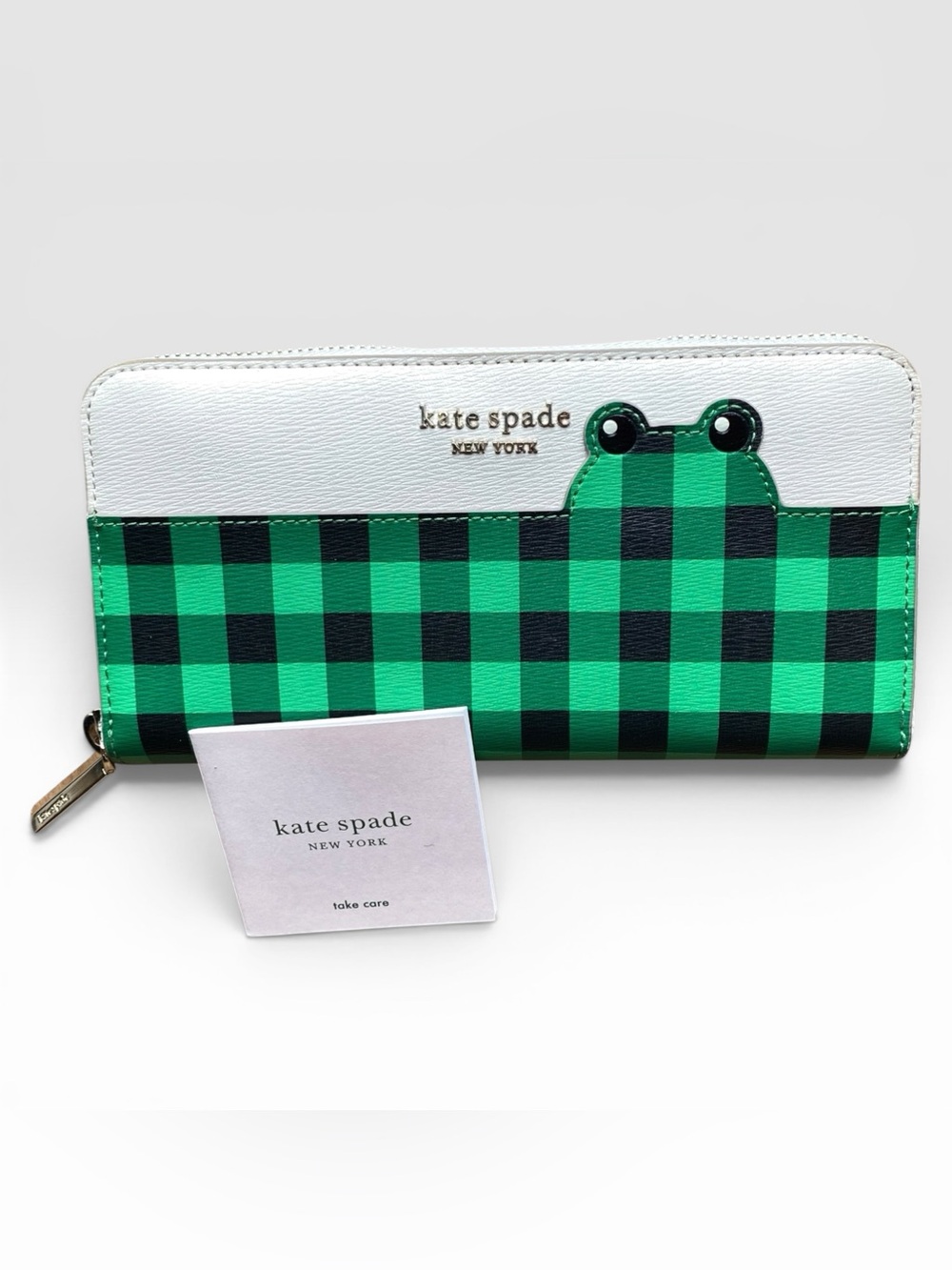 kate spade Hoppkins Frog Wallet Gingham Plaid Green Check
